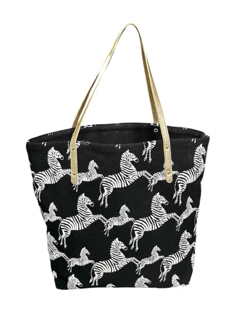 Kate Spade Bon Mot Zebra Print Canvas Shopper Tote Bag w/ Metallic Gold Handles - Picture 2 of 7